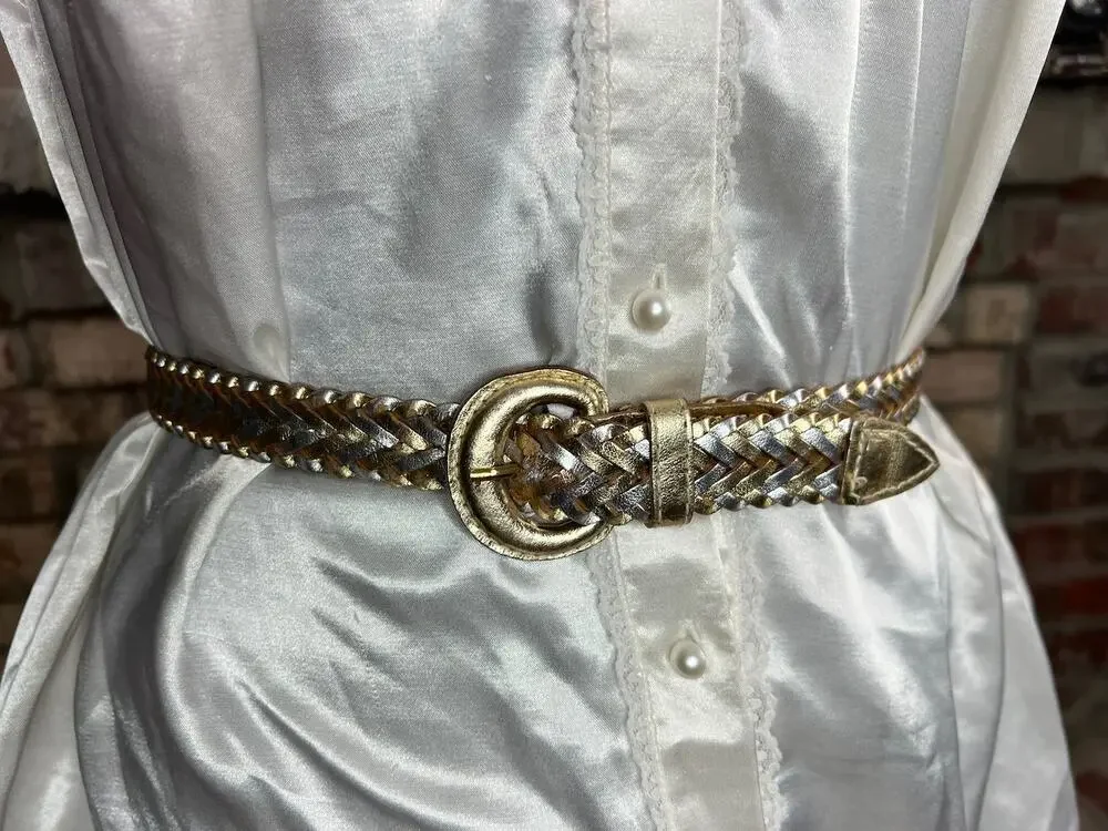Split leather belt gold silver metallic